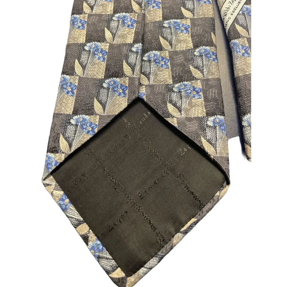 Ermenegildo‎ Zegna Silk Tie Floral Checkered Pattern Blue Gray Luxury  Z-102